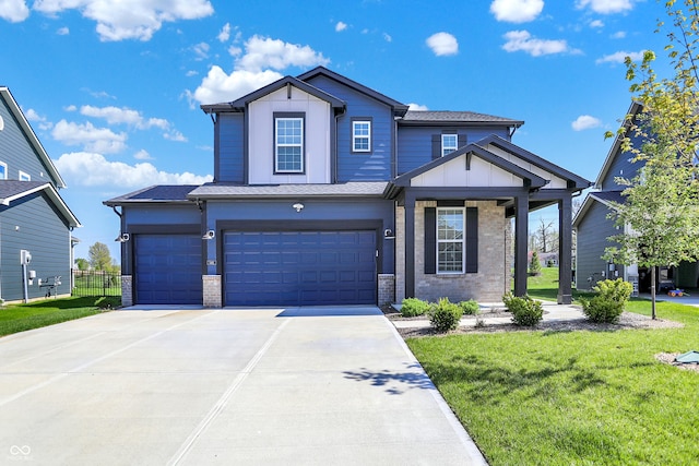 view of front of house featuring fence, brick siding, a garage, a front yard, and concrete driveway