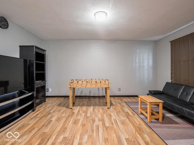 living room with light hardwood / wood-style floors and a textured ceiling