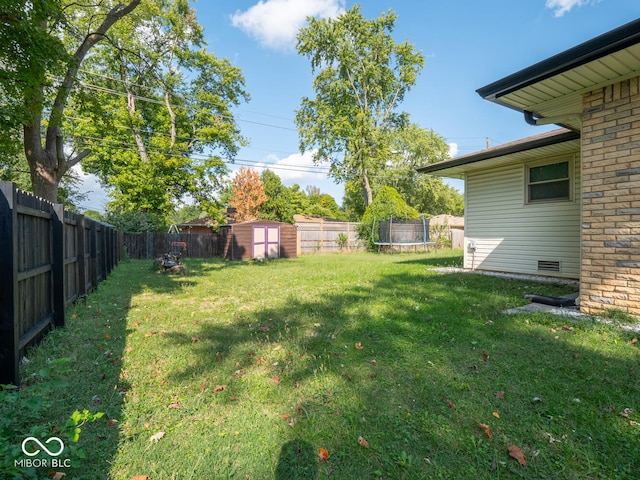 view of yard with a trampoline and a storage shed