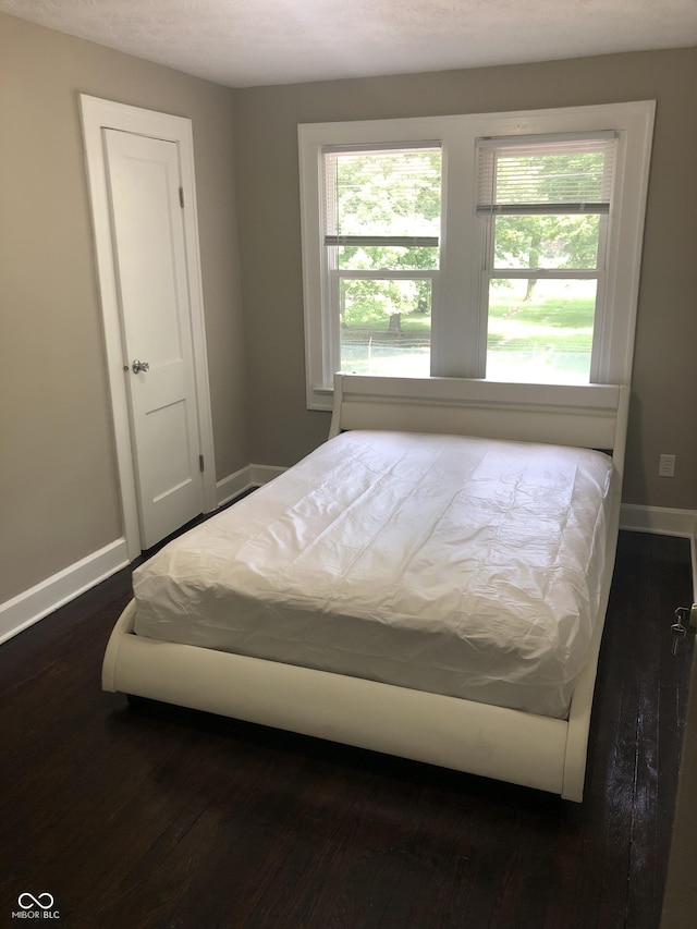 bedroom featuring multiple windows and dark wood-type flooring