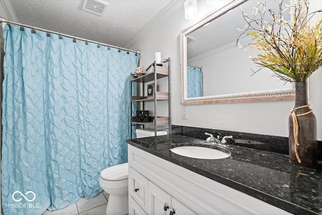 full bath with a textured ceiling, tile patterned flooring, vanity, visible vents, and ornamental molding