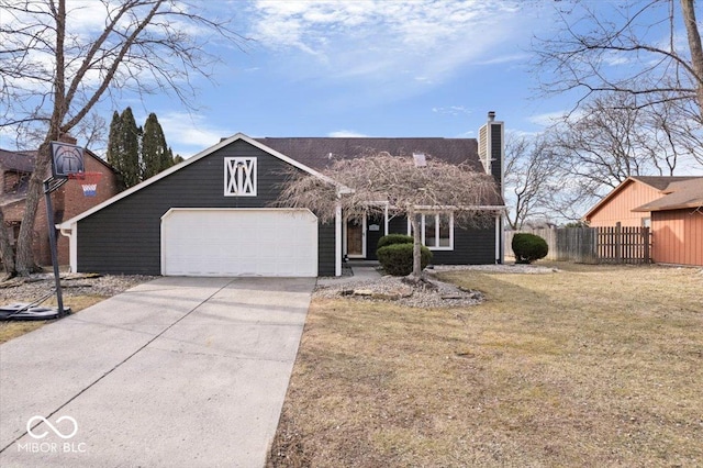 view of front of home featuring a garage, fence, driveway, a front lawn, and a chimney