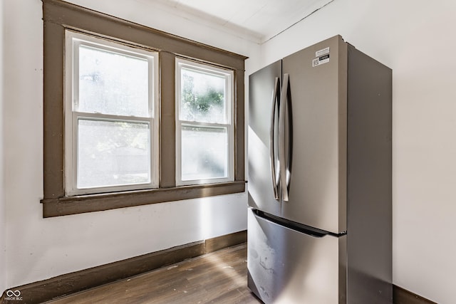 3543 N Kenwood Ave, Indianapolis, IN 46208 - kitchen view of freestanding refrigerator and dark wood-type flooring