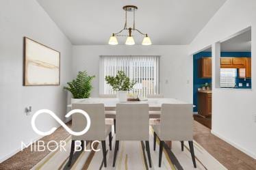 carpeted dining area with lofted ceiling