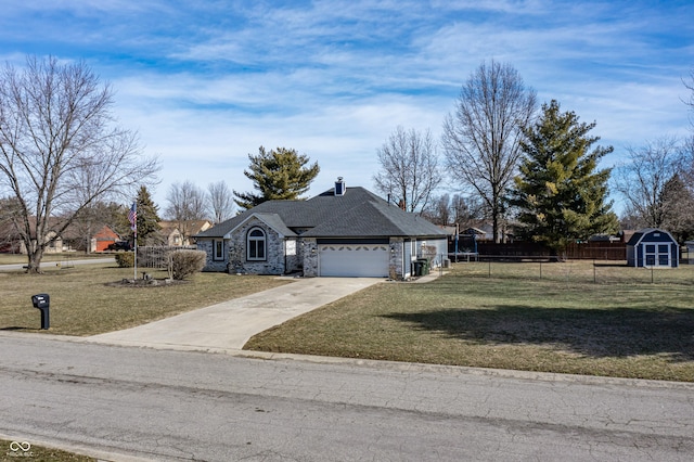 single story home with a garage and a front yard