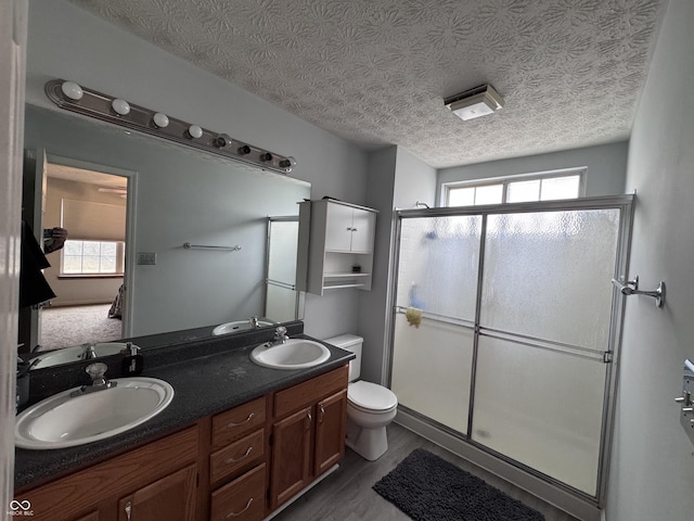 bathroom with a sink, toilet, double vanity, and a stall shower