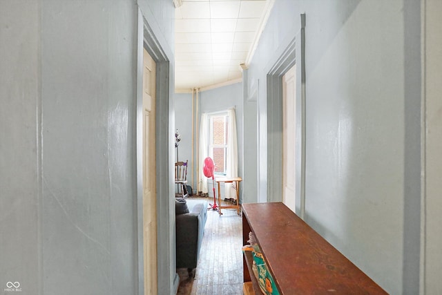 hallway with hardwood / wood-style flooring and crown molding