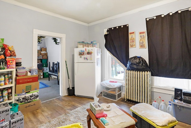 interior space featuring radiator, ornamental molding, and hardwood / wood-style floors