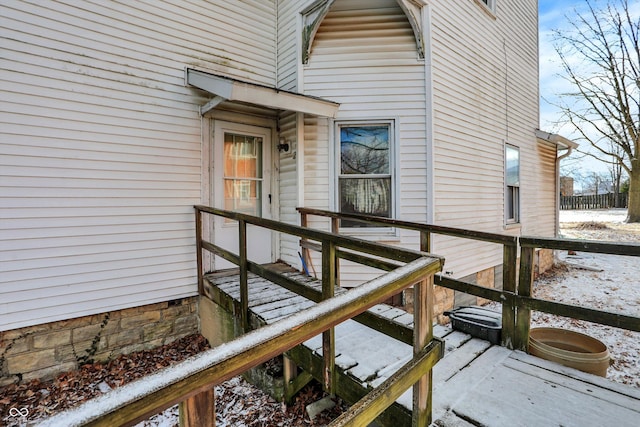 view of snow covered deck