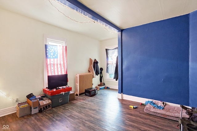 interior space featuring radiator heating unit and dark hardwood / wood-style floors