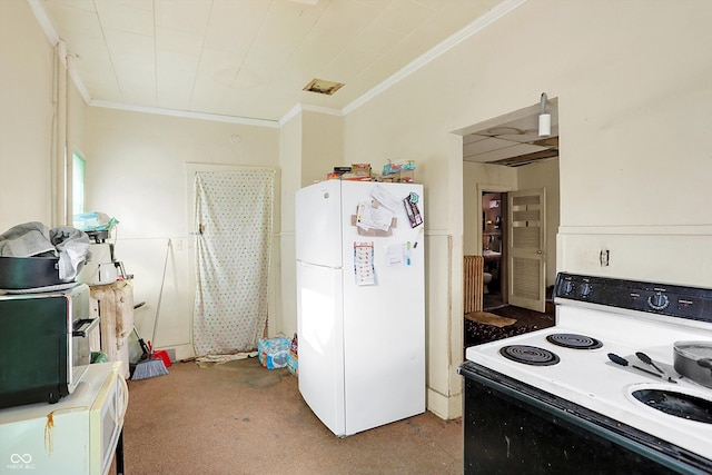 kitchen featuring white refrigerator, crown molding, and range with electric stovetop