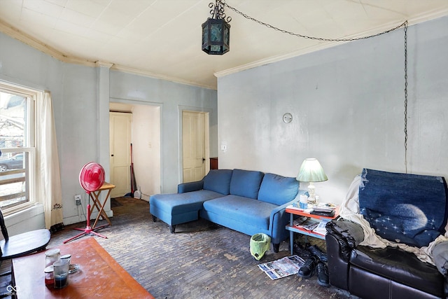 living room with wood-type flooring and ornamental molding