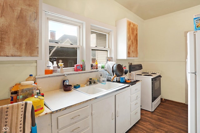 kitchen featuring sink, white appliances, ornamental molding, white cabinets, and dark hardwood / wood-style flooring