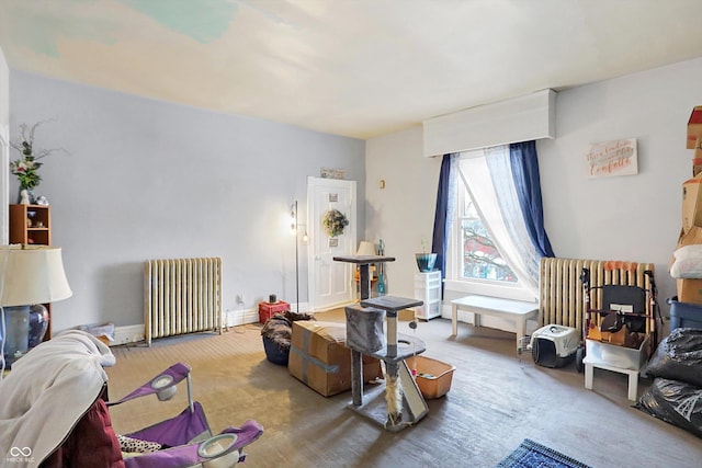 living room featuring radiator and carpet floors