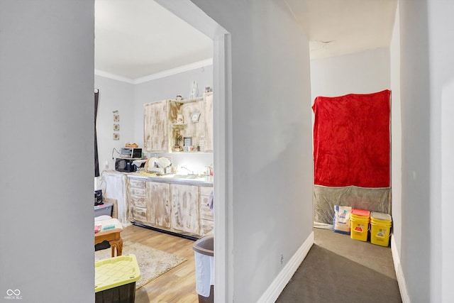 bathroom with hardwood / wood-style flooring, ornamental molding, and sink