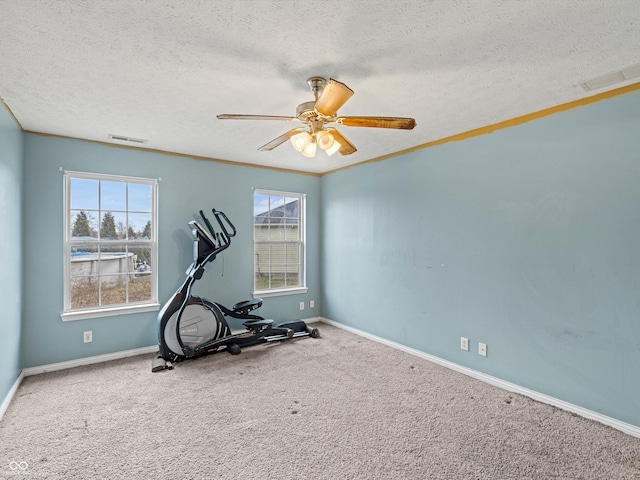 exercise area with carpet, visible vents, ornamental molding, and a ceiling fan