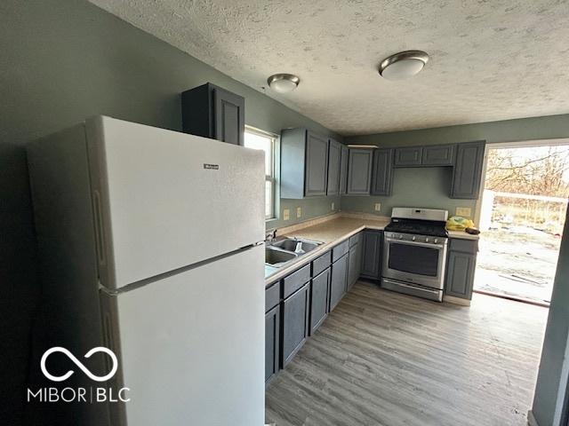 kitchen featuring gray cabinets, gas range, white fridge, and sink