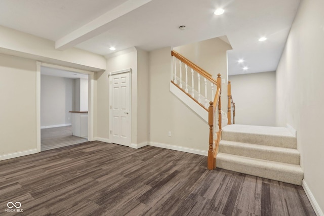 interior space with recessed lighting, baseboards, wood finished floors, and stairs