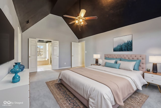 bedroom with carpet, baseboards, visible vents, high vaulted ceiling, and connected bathroom