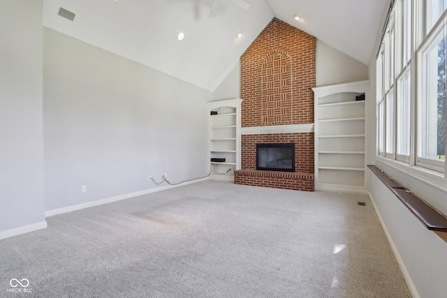 unfurnished living room featuring a fireplace, high vaulted ceiling, carpet, and baseboards