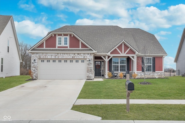 craftsman house featuring a garage, brick siding, driveway, roof with shingles, and a front yard