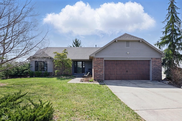 ranch-style house featuring an attached garage, concrete driveway, brick siding, a front lawn, and roof with shingles