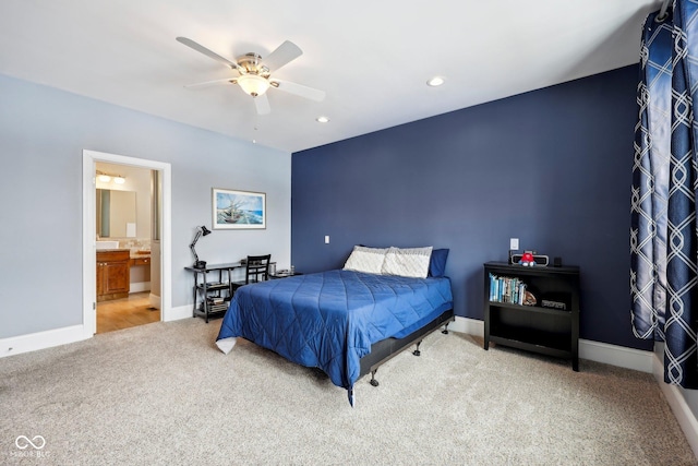 carpeted bedroom with ceiling fan, recessed lighting, connected bathroom, and baseboards