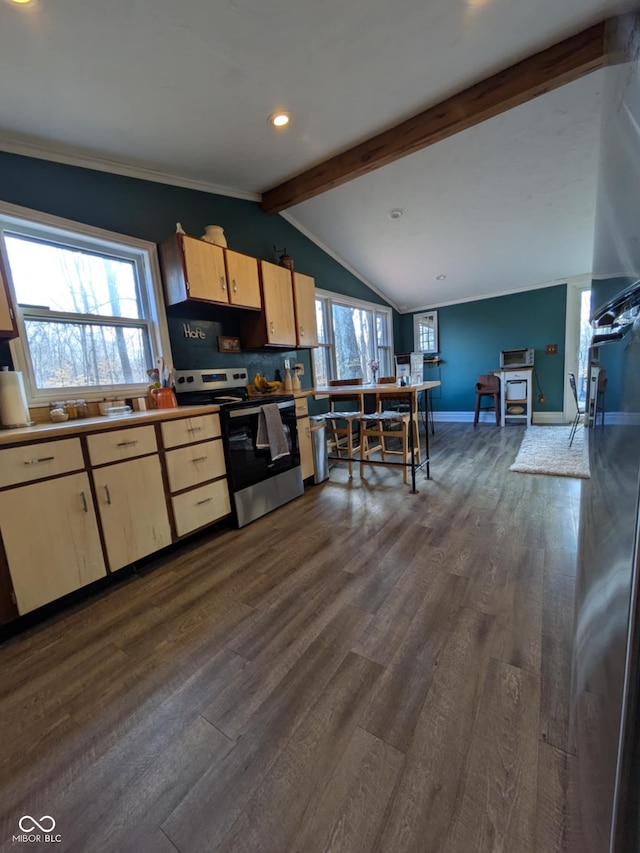 kitchen featuring vaulted ceiling with beams, stainless steel electric range, dark wood-type flooring, and plenty of natural light