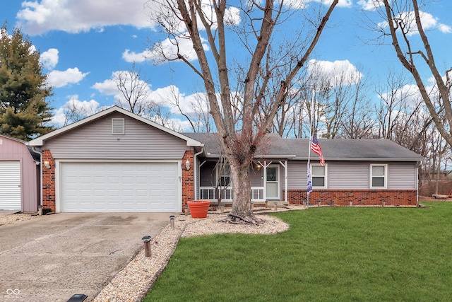 ranch-style home featuring a front yard and a garage