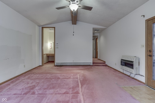 unfurnished living room with light colored carpet, heating unit, vaulted ceiling with beams, ceiling fan, and a baseboard radiator