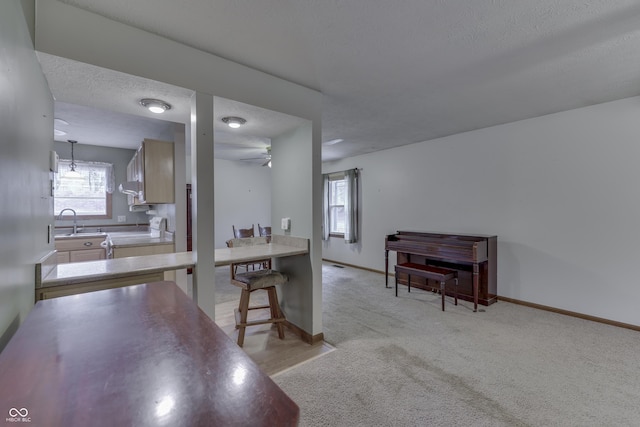 interior space with hanging light fixtures, sink, ceiling fan, a textured ceiling, and light carpet