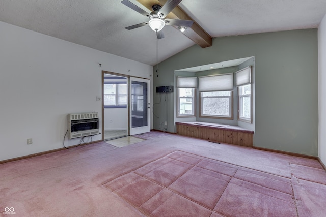 unfurnished living room featuring vaulted ceiling with beams, a textured ceiling, ceiling fan, heating unit, and light colored carpet