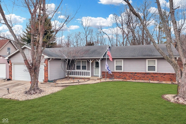 ranch-style house with a garage, covered porch, and a front yard