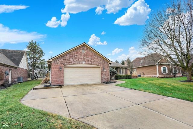 ranch-style home with a garage, central AC, brick siding, concrete driveway, and a front lawn