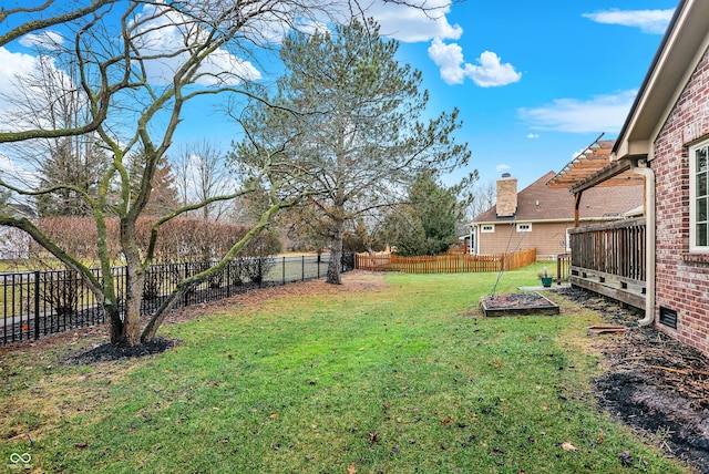 view of yard with a fenced backyard and a garden