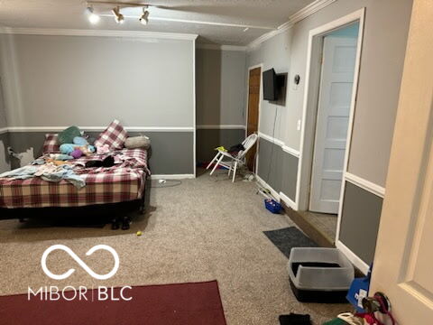 314 E Barachel Ln, Greensburg, IN 47240 - carpeted bedroom with rail lighting, baseboards, and crown molding