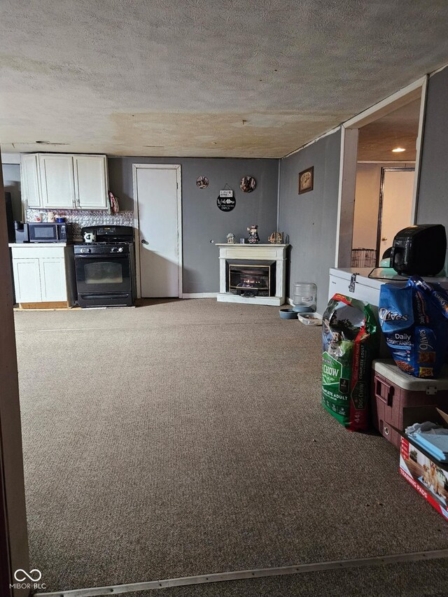 314 E Barachel Ln, Greensburg, IN 47240 - unfurnished living room featuring carpet flooring, a fireplace, and a textured ceiling