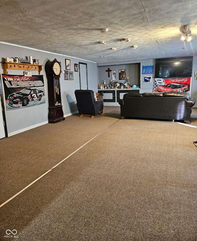 314 E Barachel Ln, Greensburg, IN 47240 - unfurnished living room with a textured ceiling, baseboards, and carpet flooring