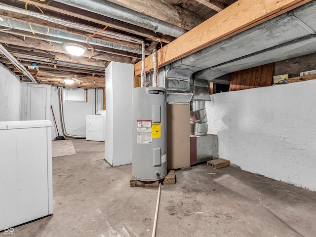 basement featuring washing machine and clothes dryer and water heater