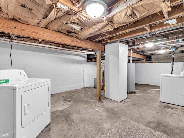 basement featuring washer / dryer and water heater