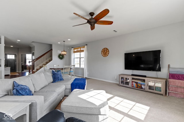 living room with visible vents, a ceiling fan, recessed lighting, carpet, and baseboards