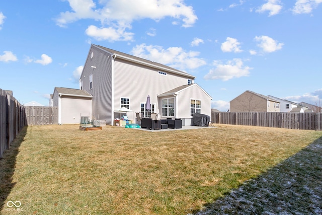 rear view of house with central air condition unit, an outdoor hangout area, a fenced backyard, a yard, and a patio