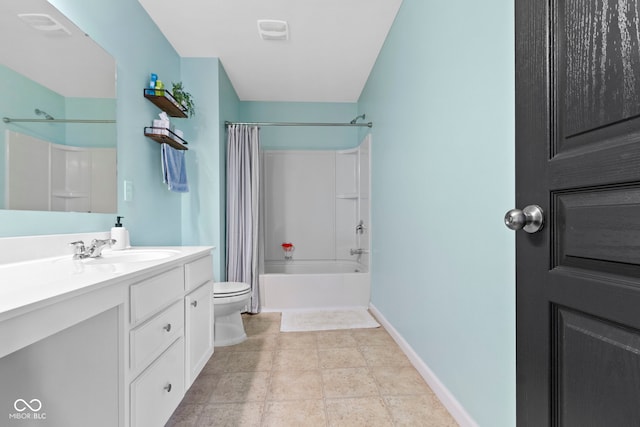 bathroom with vanity, baseboards, tile patterned floors, toilet, and shower / tub combo with curtain