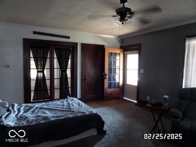 bedroom with dark carpet