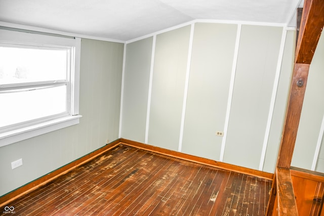 spare room featuring lofted ceiling and dark wood-type flooring