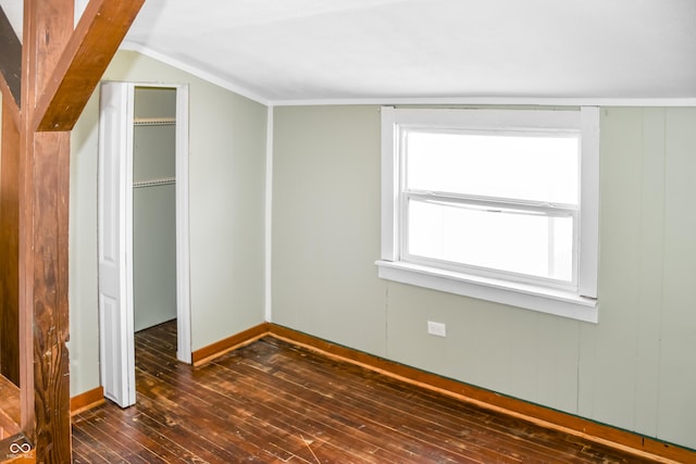 additional living space with vaulted ceiling and dark wood-type flooring