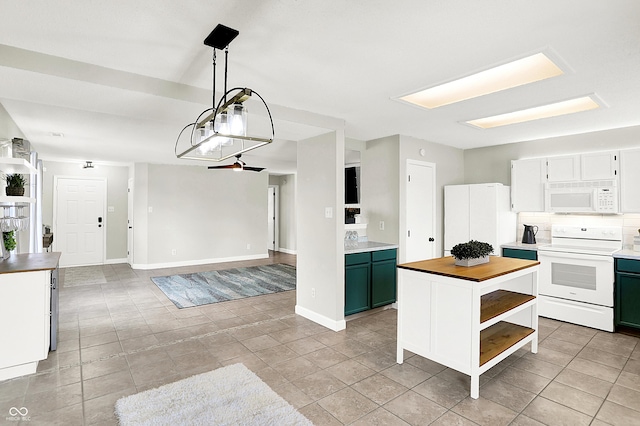 kitchen with open shelves, backsplash, open floor plan, butcher block countertops, and white appliances