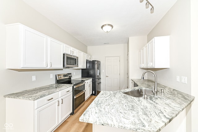 kitchen with stainless steel appliances, white cabinets, a sink, and a peninsula