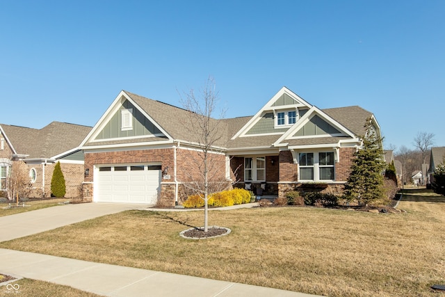 craftsman-style home featuring a front lawn, board and batten siding, concrete driveway, roof with shingles, and brick siding