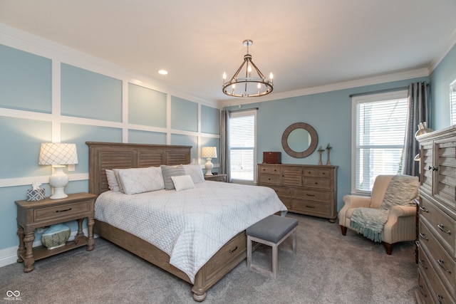 carpeted bedroom with multiple windows, a notable chandelier, and ornamental molding